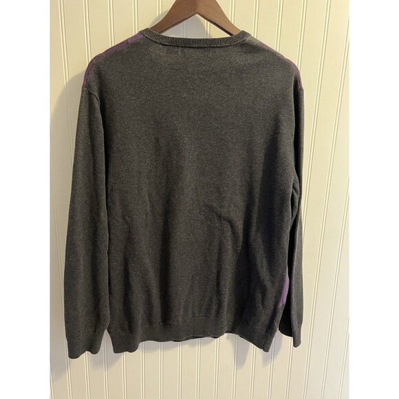 Men’s Classic Argyle Sweater V-Neck Grey And Purple Size Large 100% Cotton - Picture 2 of 4